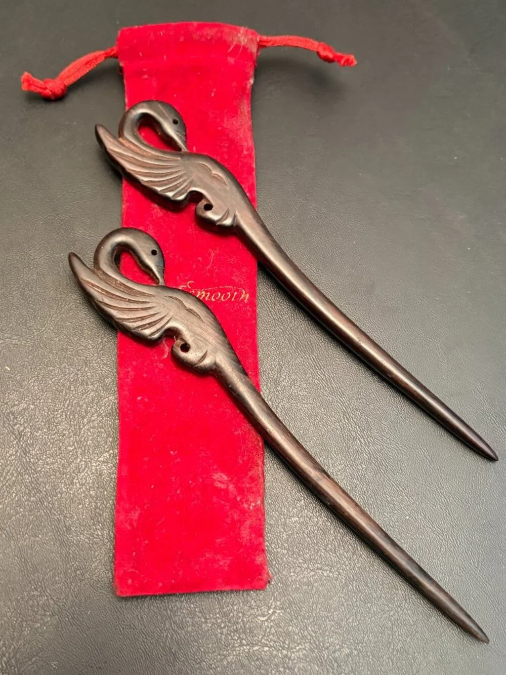 Pair Carved Dark Wood Swan Hair Sticks 7